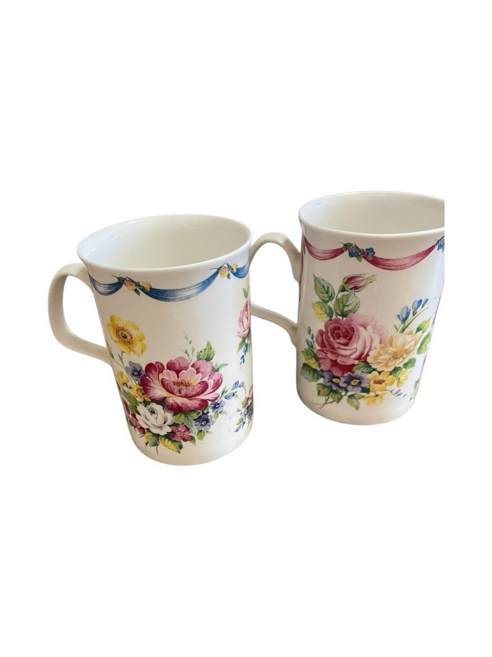 Vintage Set Roy Kirkham “Dresden Sprays” Bone China Mugs Floral Made in England
